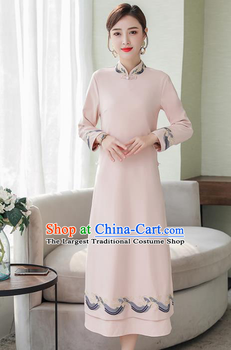 Chinese Traditional Embroidered Light Pink Cheongsam Costume China National Qipao Dress for Women
