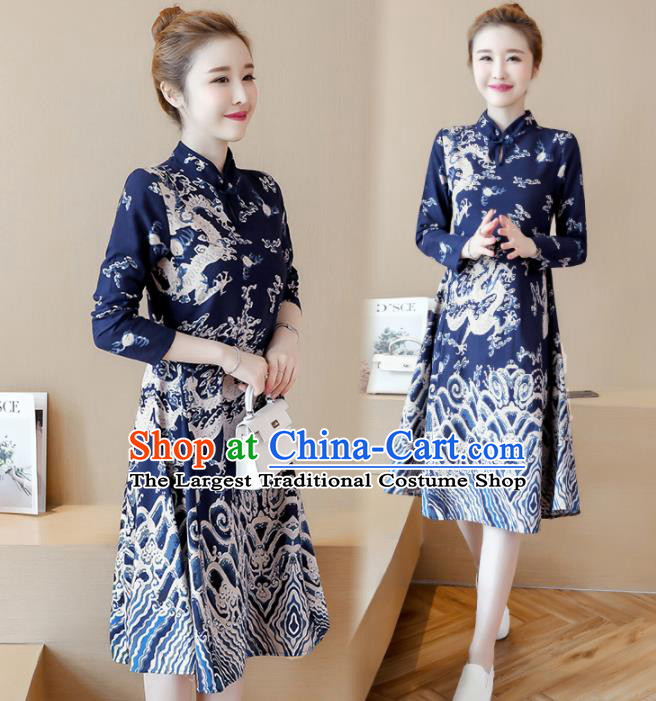 Chinese Traditional Printing Dragon Navy Cheongsam Costume China National Qipao Dress for Women