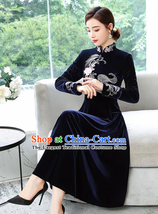 Chinese Traditional Embroidered Navy Velvet Cheongsam Costume China National Qipao Dress for Women