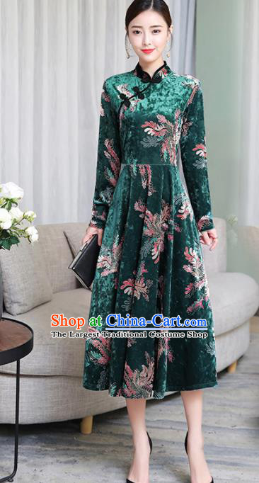 Chinese Traditional Printing Green Velvet Mother Cheongsam Costume China National Qipao Dress for Women