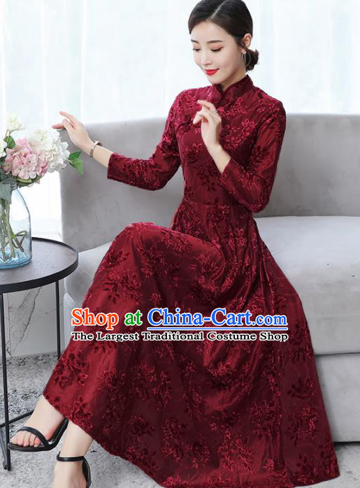 Chinese Traditional Embroidered Wine Red Mother Cheongsam Costume China National Qipao Dress for Women