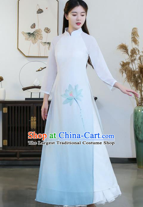 Chinese Traditional Printing Lotus Light Blue Cheongsam Costume China National Qipao Dress for Women