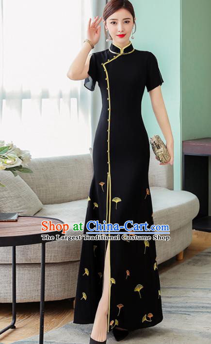 Chinese Traditional Printing Ginkgo Leaf Black Cheongsam Costume China National Qipao Dress for Women