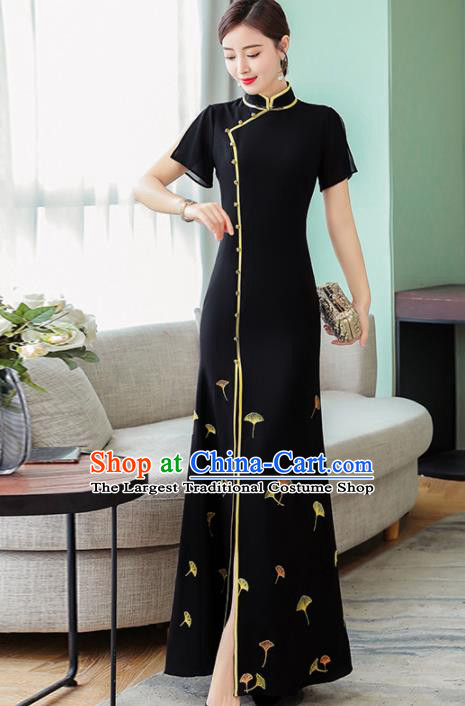 Chinese Traditional Printing Ginkgo Leaf Black Cheongsam Costume China National Qipao Dress for Women
