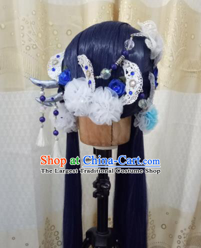 Chinese Cosplay Female Swordsman Deep Blue Wigs Ancient Fairy Princess Hair Chignon and Accessories for Women