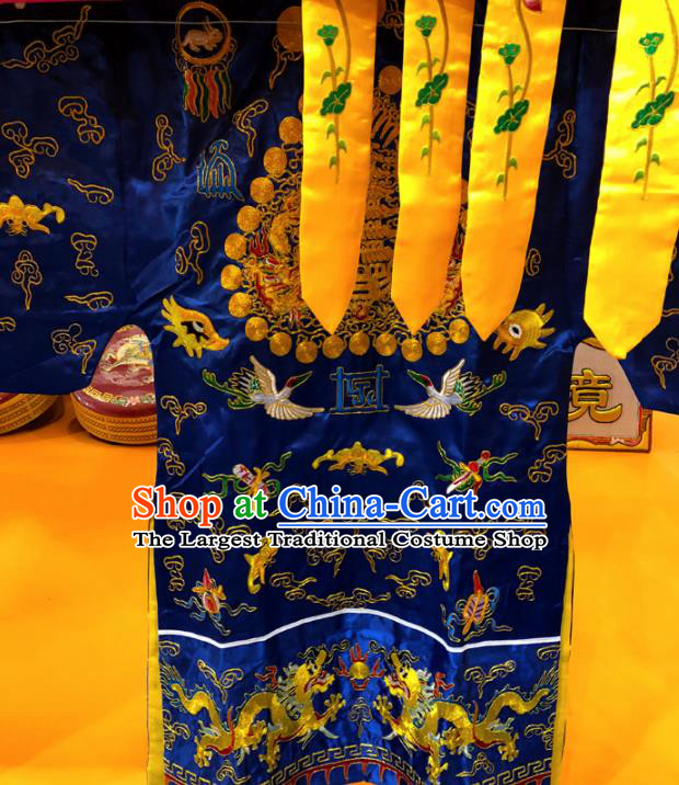 Chinese Taoism Embroidered Cranes Dragon Royalblue Silk Priest Frock Cassock Traditional Taoist Rite Costume for Men