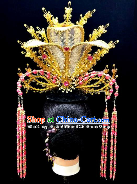 Chinese Traditional Peking Opera Queen Rosy Crystal Phoenix Coronet Hairpins Handmade Beijing Opera Diva Hair Accessories for Women