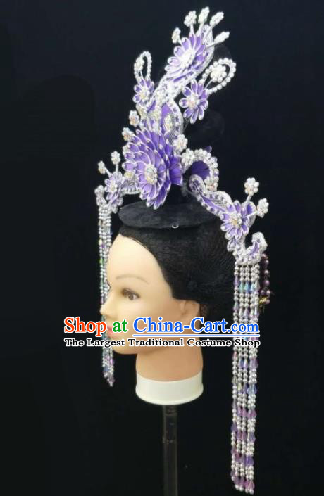 Chinese Traditional Peking Opera Queen Purple Lotus Phoenix Coronet Hairpins Handmade Beijing Opera Diva Hair Accessories for Women