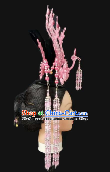 Chinese Traditional Peking Opera Queen Pink Phoenix Crown Hairpins Handmade Beijing Opera Diva Hair Accessories for Women
