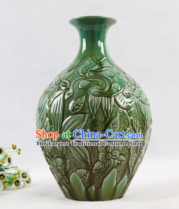 Chinese Traditional Handmade Green Carving Pottery Vase Craft