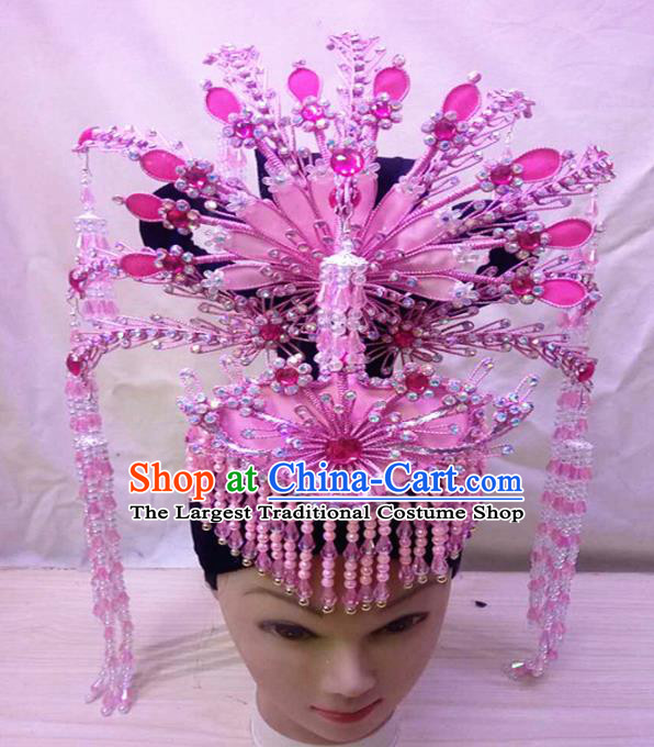 Chinese Traditional Peking Opera Pink Hairpins Phoenix Coronet Handmade Beijing Opera Diva Hair Accessories for Women