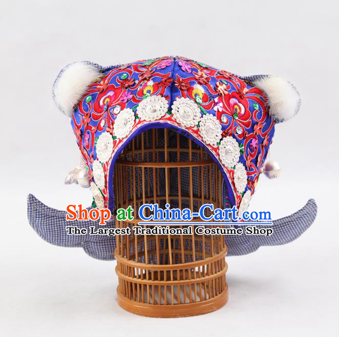 Chinese Traditional Yi Nationality Embroidered Blue Hat Handmade Ethnic Hair Accessories for Kids