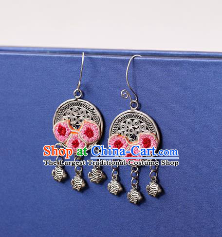 Chinese Traditional Miao Nationality Pink Embroidered Silver Earrings Handmade Ethnic Ear Accessories for Women