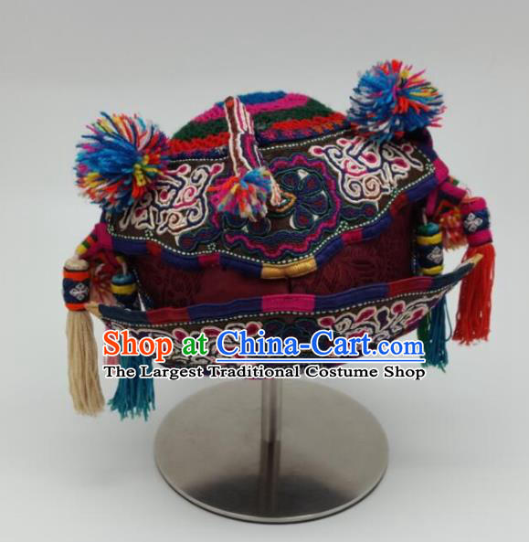 Chinese Traditional Miao Nationality Embroidered Red Hat Handmade Ethnic Hair Accessories for Kids