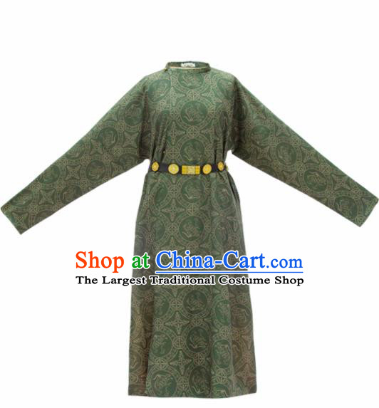 Chinese Ancient Swordsman Embroidered Green Robe Traditional Tang Dynasty Imperial Bodyguard Costumes for Men