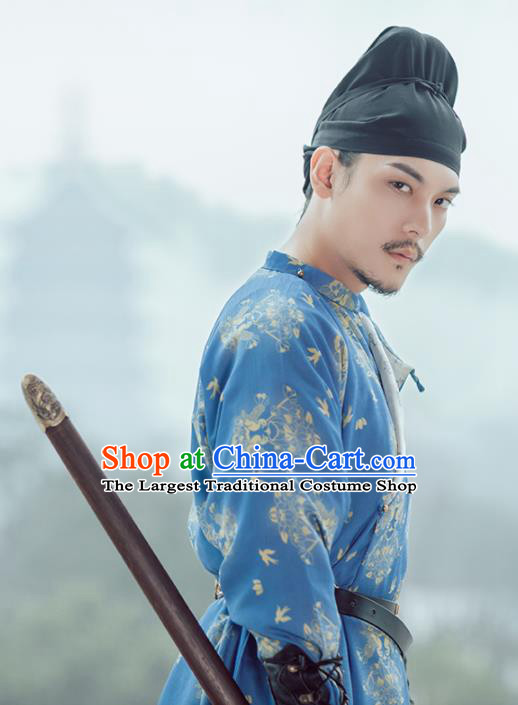 Chinese Ancient Chivalry Swordsman Blue Robe Traditional Tang Dynasty Imperial Bodyguard Costumes for Men