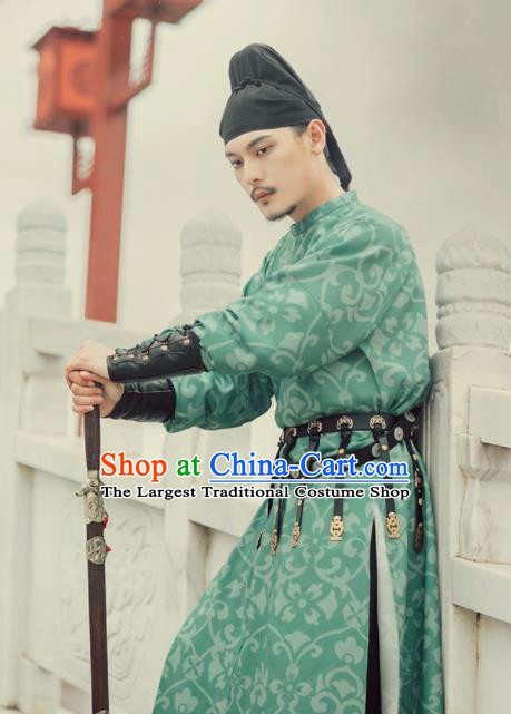 Chinese Ancient Drama Chivalry Swordsman Green Robe Traditional Tang Dynasty Imperial Bodyguard Costumes for Men