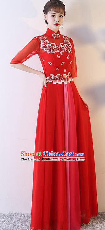 Top Grade Compere Embroidered Red Full Dress Annual Gala Stage Show Chorus Costume for Women
