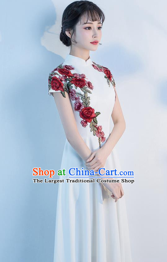 Top Grade Compere Embroidered Roses White Full Dress Annual Gala Stage Show Chorus Costume for Women