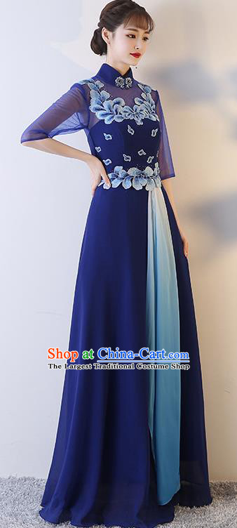 Top Grade Compere Embroidered Royalblue Full Dress Annual Gala Stage Show Chorus Costume for Women