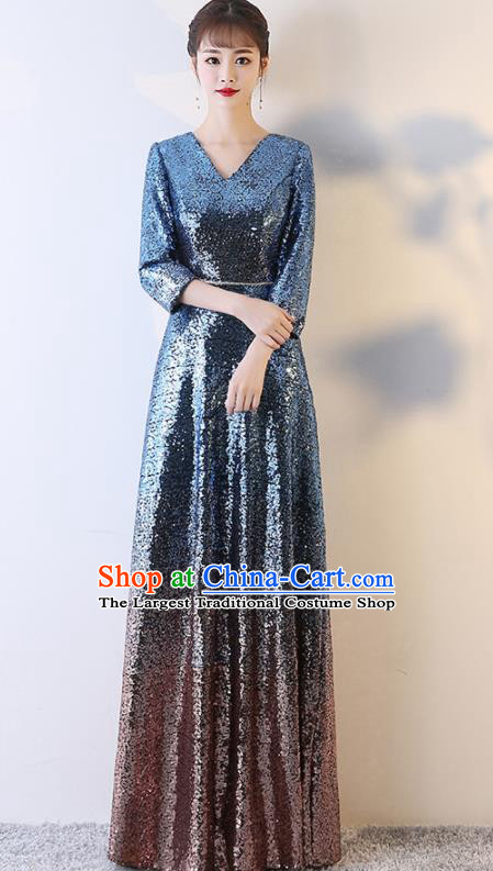Top Grade Compere Blue Sequins Full Dress Annual Gala Stage Show Chorus Costume for Women