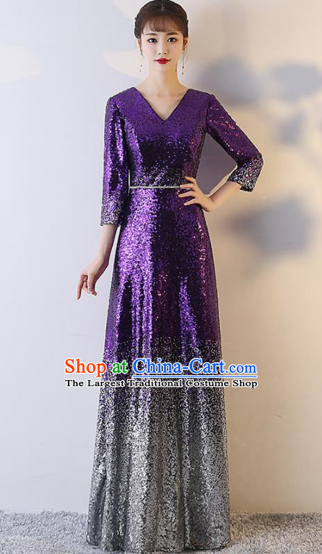 Top Grade Compere Purple Sequins Full Dress Annual Gala Stage Show Chorus Costume for Women