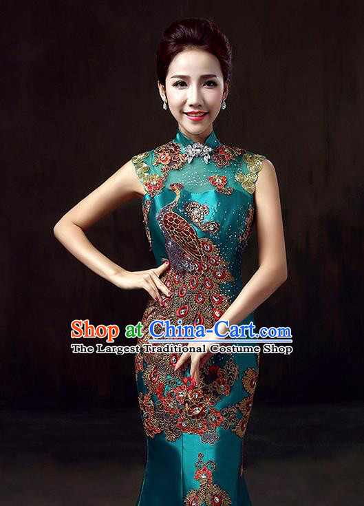 Top Grade Compere Embroidered Peacock Blue Full Dress Annual Gala Stage Show Chorus Costume for Women