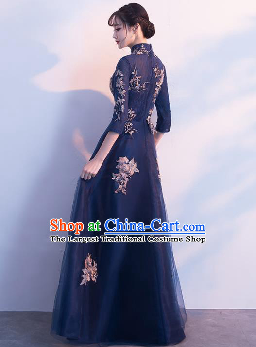 Top Grade Compere Embroidered Navy Veil Full Dress Annual Gala Stage Show Chorus Costume for Women