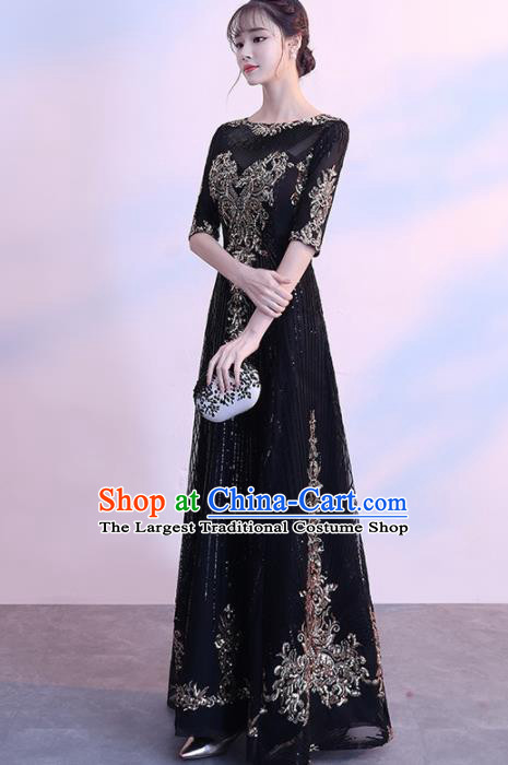 Top Grade Compere Embroidered Beads Black Full Dress Annual Gala Stage Show Chorus Costume for Women