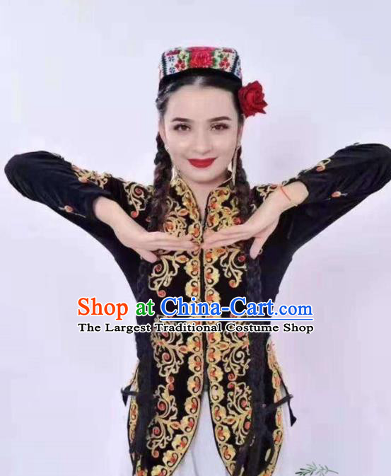Chinese Traditional Uyghur Nationality Dance Embroidered Black Vest Xinjiang Ethnic Stage Show Costume for Women