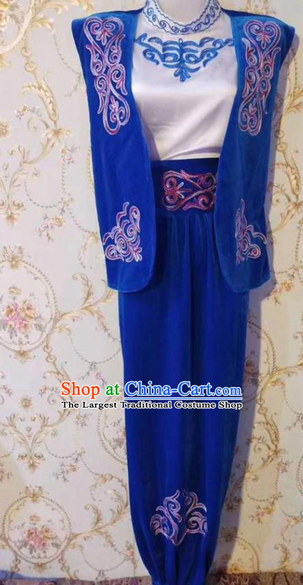 Chinese Traditional Kazak Nationality Blue Outfits Xinjiang Ethnic Folk Dance Stage Show Costume for Men