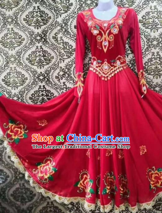Chinese Traditional Uyghur Nationality Folk Dance Red Dress Xinjiang Ethnic Stage Show Costume for Women