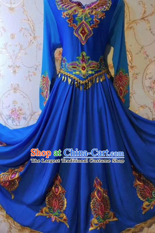 Chinese Traditional Uyghur Nationality Folk Dance Blue Dress Xinjiang Ethnic Stage Show Costume for Women