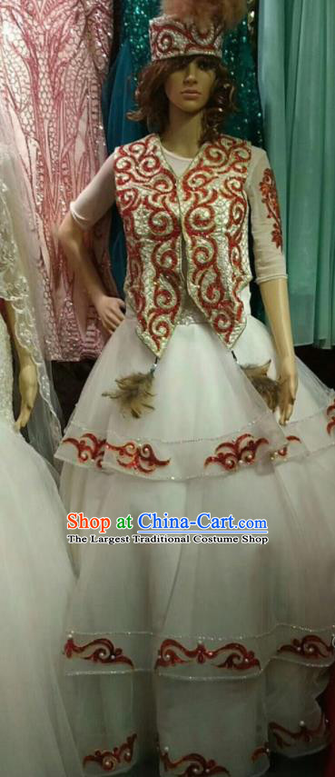 Chinese Traditional Kazak Nationality Folk Dance White Dress Xinjiang Ethnic Stage Show Costume for Women