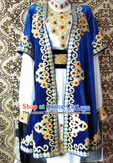 Chinese Traditional Uyghur Nationality Embroidered Blue Outfits Xinjiang Ethnic Folk Dance Stage Show Costume for Men