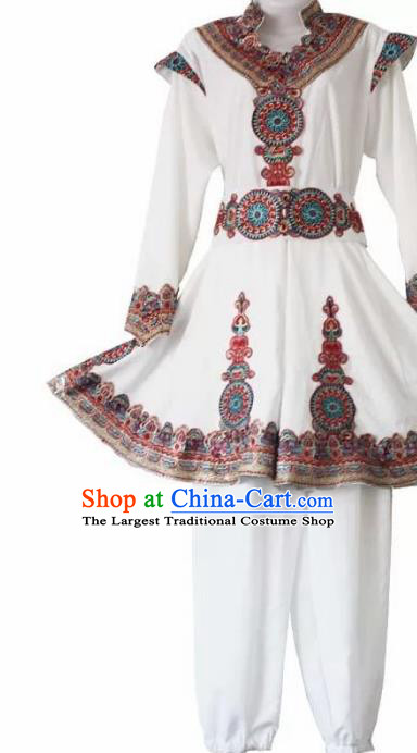 Chinese Traditional Uyghur Nationality White Outfits Xinjiang Ethnic Folk Dance Stage Show Costume for Men