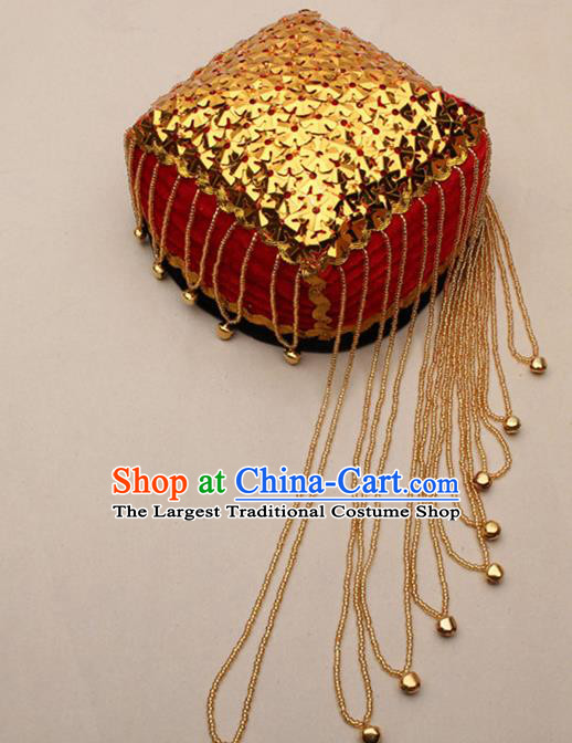 Chinese Traditional Uyghur Nationality Golden Sequins Tassel Red Hat Ethnic Folk Dance Stage Show Headwear for Women