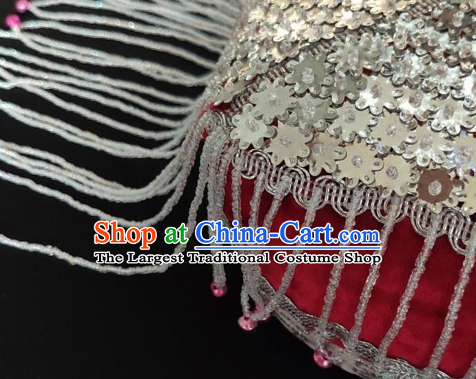 Chinese Traditional Uyghur Nationality Argent Sequins Tassel Red Hat Ethnic Folk Dance Stage Show Headwear for Women
