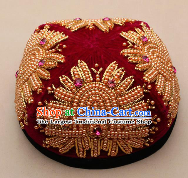 Chinese Traditional Uyghur Nationality Embroidered Beads Red Hat Ethnic Folk Dance Stage Show Headwear for Women