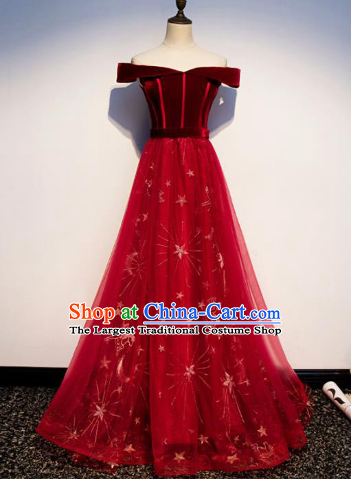 Top Grade Compere Red Velvet Full Dress Annual Gala Stage Show Chorus Costume for Women