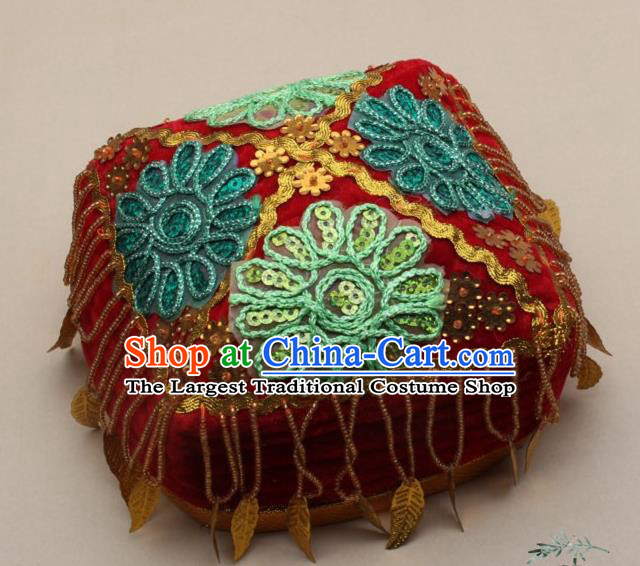 Chinese Traditional Uyghur Nationality Girls Embroidered Red Hat Ethnic Folk Dance Stage Show Headwear for Kids