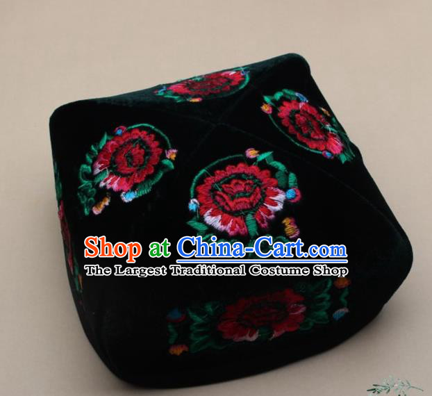Chinese Traditional Uyghur Nationality Embroidered Black Velvet Hat Ethnic Xinjiang Folk Dance Stage Show Headwear for Men