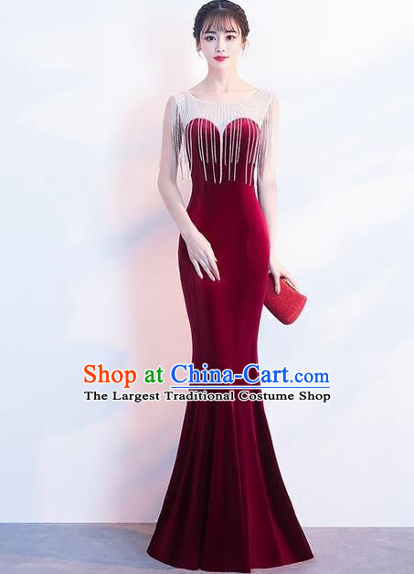 Top Grade Compere Wine Red Velvet Full Dress Annual Gala Stage Show Costume for Women