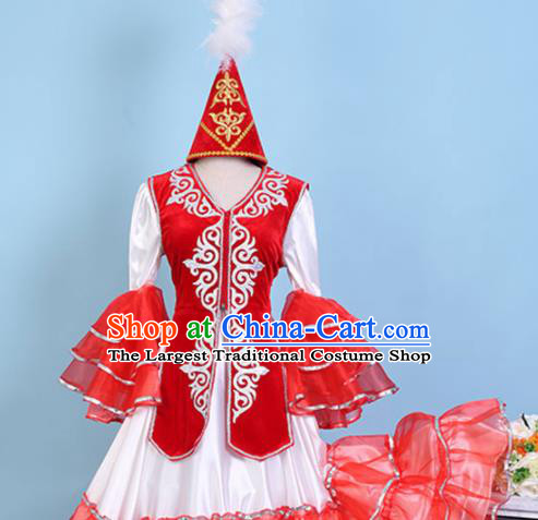 Chinese Traditional Xinjiang Kazak Nationality Embroidered Dress Ethnic Folk Dance Costume for Women