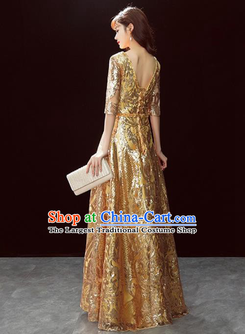 Top Grade Compere Golden Sequins Full Dress Annual Gala Stage Show Costume for Women