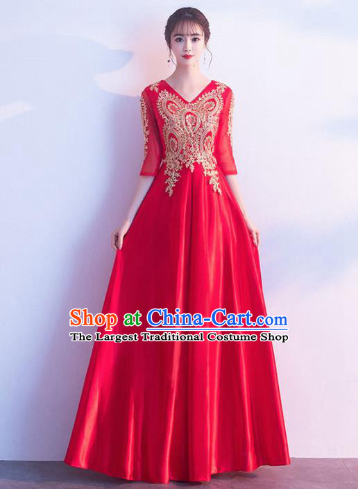 Top Grade Compere Red Satin Full Dress Annual Gala Stage Show Chorus Costume for Women