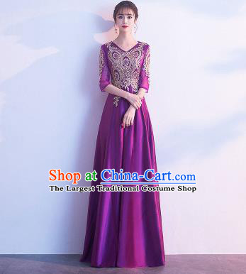 Top Grade Compere Purple Satin Full Dress Annual Gala Stage Show Chorus Costume for Women