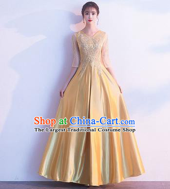 Top Grade Compere Yellow Satin Full Dress Annual Gala Stage Show Chorus Costume for Women