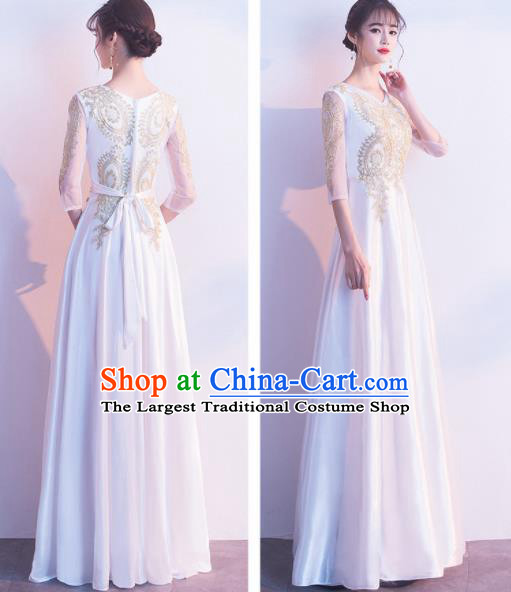 Top Grade Compere White Satin Full Dress Annual Gala Stage Show Chorus Costume for Women