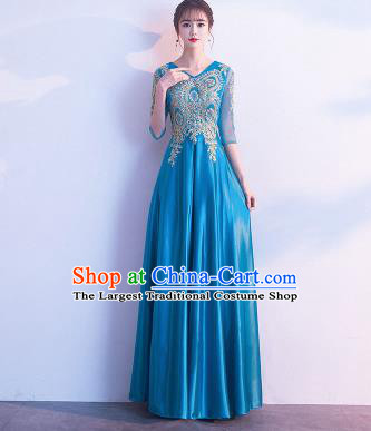 Top Grade Compere Blue Satin Full Dress Annual Gala Stage Show Chorus Costume for Women